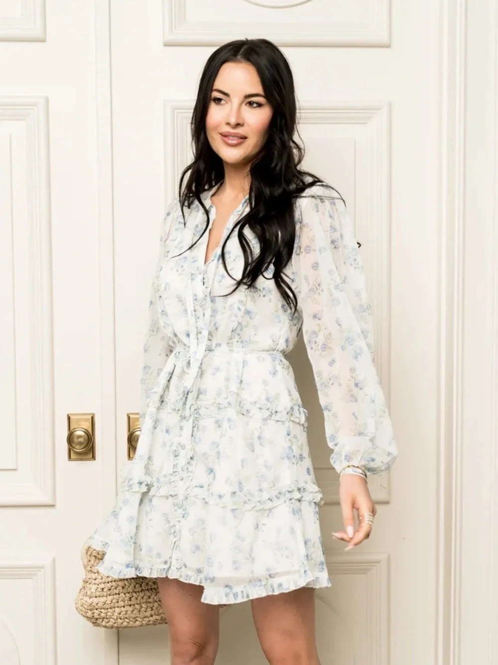 Rachel Parcell White Blue Floral Ruffle Sheer Long Sleeve Mini Dress M